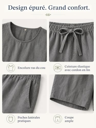 RAKUYUME Ensemble Pyjama Homme Été en Lin 100% Uni - T-Shirt Col Rond & Short Léger avec Poches - Confort Optimal Deux Pièces pour Nuits Fraîches – vue 4