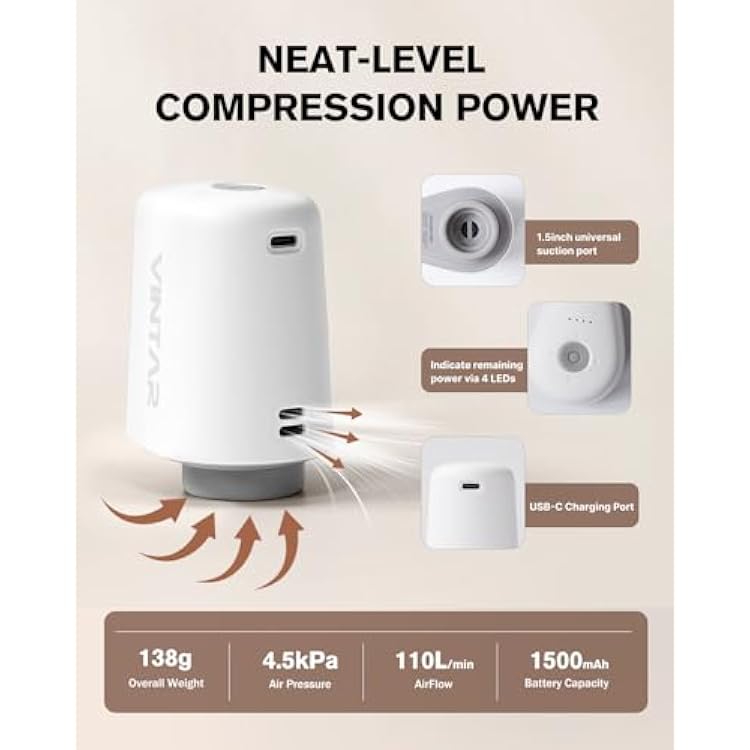 Cordless Electric Travel Vacuum Pump for Vacuum Storage Bags, VINTAR Portable Vacuum Sealer for Clothes, USB Rechargeable Air Pump for Compression Clothing Blanket Luggage (Storage Bag Not Included)