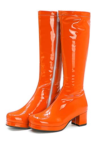 ORANDESIGNE Stiefel aus Lackleder Damen Lederstiefel Kalbsstiefel Lange Stiefel Langschaftstiefel Kniehoch Stiefel Blockabsatz Runde Zehenstiefel Sexy Zip Herbst Winter B Orange 38 EU