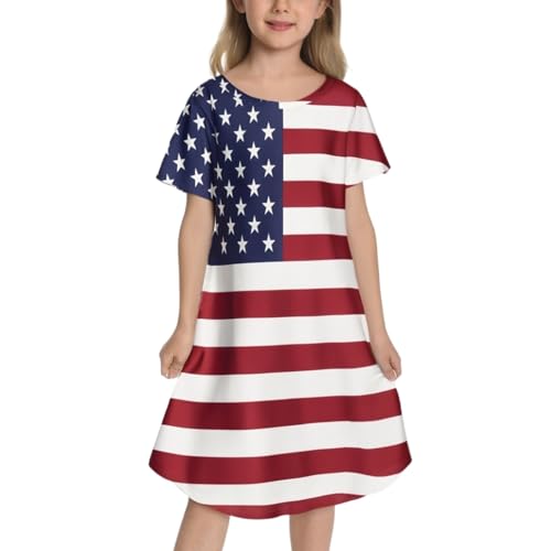 RONGTAI Girls 4th of July Dress American Flag Patriotic Stars Striped Summer Casual Short Sleeve Dresses for 4-12 Years Kids