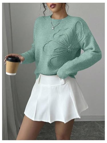 Image of RoseSeek Women's 3D Floral Appliques Crewneck Sweaters Long Sleeve Drop Shoulder Pullovers Elegant Knit Tops