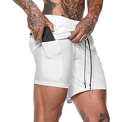 Pantalón Corto para Hombre,Pantalones Cortos Deportivos para Correr 2 en 1 con Compresión Interna y Bolsillo para Hombres (Blanco M)