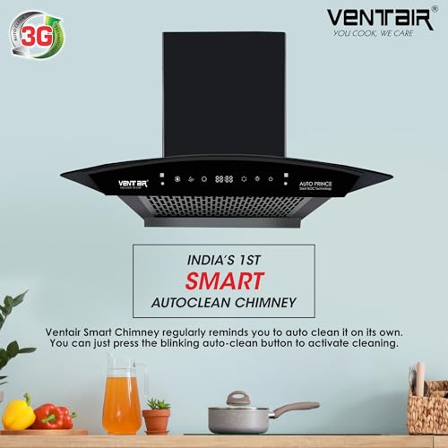 Image of Ventair 60 cm BLDC 1500 m3 /hr Filterless Autoclean Silent Kitchen Chimney (Auto Prince, BLDC Motor, 9 Speed Motion Sensor & Touch Control, Wall Mount, Curved Glass, Black, Made in India)