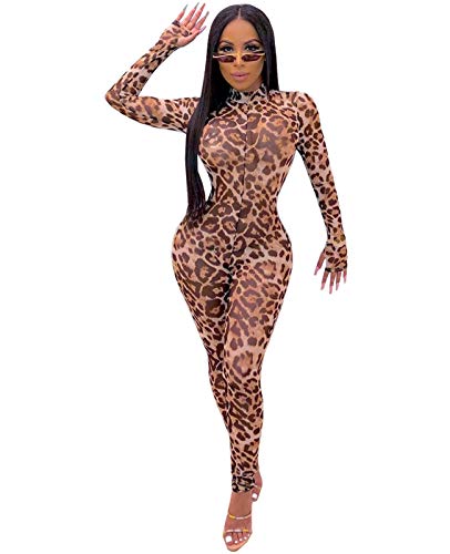Rela Bota Women's Sexy Long Sleeve Turtleneck Bodycon Leopard Print Mesh Jumpsuits Long Romper Pants Clubwear M