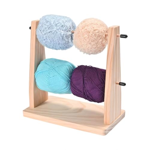 Image of Yarn Ball Holder, Double Layer Yarn Spindle Dispenser, Horizontal Wooden Ribbon Rack for Crocheting & Knitting