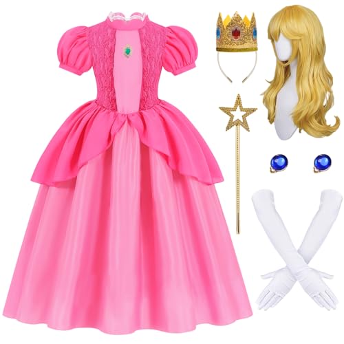 Anjite Pink Princess Peach Costume Kids Girls Pink Princess Peach Dress Ball Gown with Crown Wig Earrings Gloves Kids Fairytale Princess Dress Up Set for Halloween Parties AJ065L