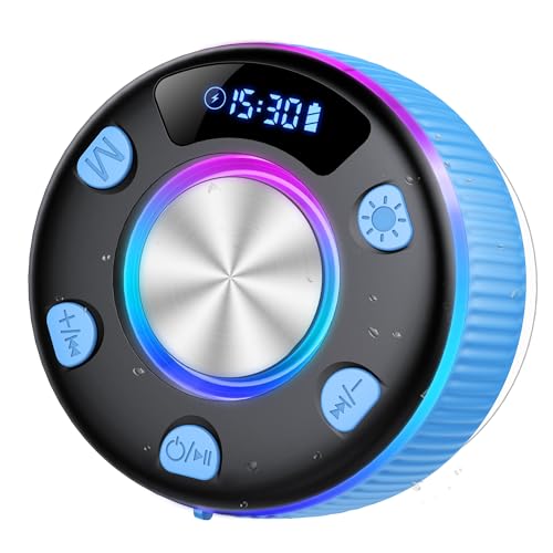 Altavoz Ducha Bluetooth 5.3 con Luces RGB, Altavoces Bluetooth con Ventosa, Pantalla LED, Manos Call Libres, 8H Estéreo, IP7 Impermeable Mini Altavoz Portatil para Baño Exterior Piscina Fiesta, Azul
