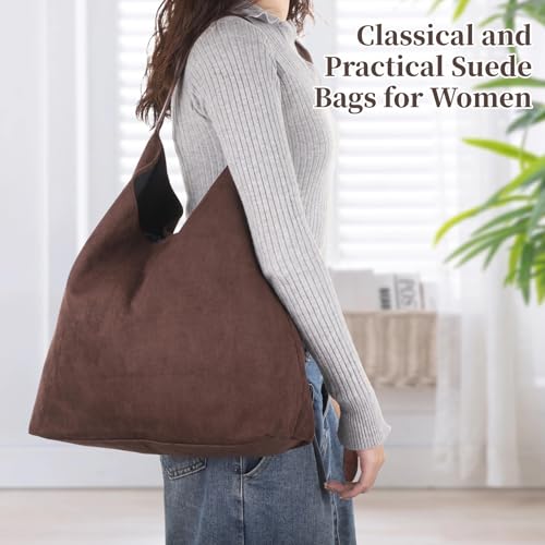 Image of Suede Tote Bag for Women, Velvet Hobo Bag, Large Capacity Shoulder Bag with Inner Zipper Pouch, Brown Commuter Bag for Work and Casual Outings