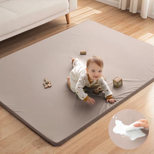 Image of Blissful Diary Vegan Leather Baby Play Mat, Waterproof and Wipe-Clean, 67"x51" Large & Thicken Foam Playmat for Infants and Toddlers, Brown Gray