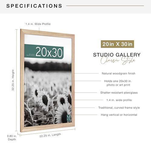 MCS Studio Gallery Classic 20x30 Poster Frame Natural Woodgrain, Vertical & Horizontal Wall Hanging Large Picture Frame for Photos, Posters & Art Prints (1-Pack)