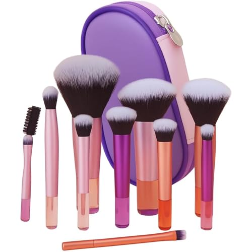 Kit 10 Pincéis de Maquiagem Profissional com Estojo, Cerdas Sintéticas Macias para Base, Pó, Blush e Sombra, Completo para Iniciantes, Portátil para Viagem e Presente (Lilás)