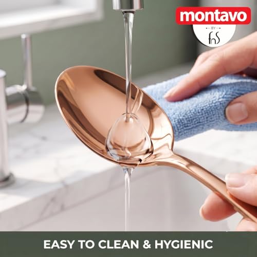 Image of Montavo by FnS 12 Pieces Stainless Steel Dinner Spoon Set | Premium PVD Rose Gold Mirror Finish | Rust Resistant, Dishwasher Safe | Luxury 16cm Table Spoons for Home, Kitchen, Restaurant & Gifting