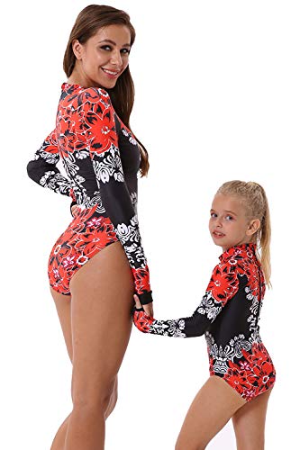 YOLIPULI Mother and Daughter Swimwear Family Matching Swimsuit Womens Rashguard Girls Swimwear Red Floral Print Girl 4-5 Years Old - Thumbnail 3