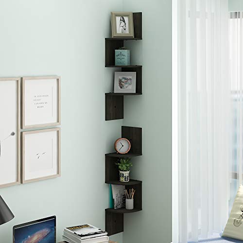 Image of Furinno Rossi Set of 2 3-Tier Corner Floating Shelves for Wall, Espresso | Zigzag Wall Shelf, Radial Mounted Floating Book Shelf, for Bathroom, Bedroom, Living Room