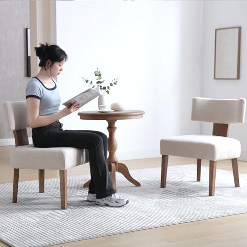 Armless Accent Chair with Natural Wood Frame Beige Linen Upholstered Cozy Reading Chair with Curved Back Mid Century Modern Accent Chair Farmhouse Slipper Chair Comfy Side Chairs for Living Room