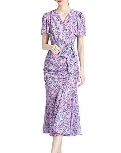 Image of Shineflow Women's V-Neck Short Sleeve Floral Fitted Ruched Midi Dress with Mermaid Hem Cocktail Pencil Dresses