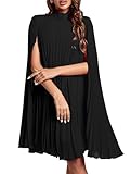 Rooscier Women's Pleated Mock Neck Cloak Sleeve Keyhole Back Flowy Party Midi Dress Plain Black Large