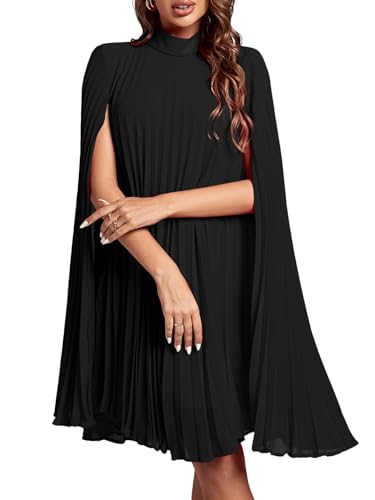 Rooscier Women's Pleated Mock Neck Cloak Sleeve Keyhole Back Flowy Party Midi Dress Plain Black Large