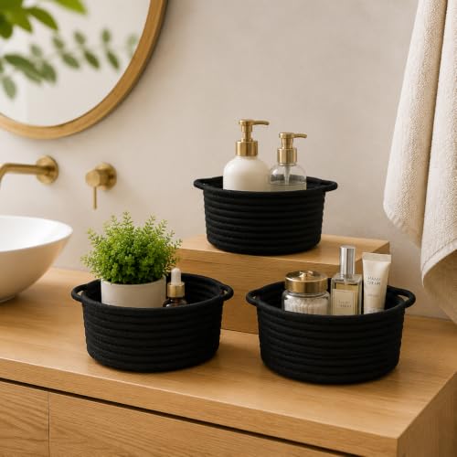Image of Small Woven Cotton Rope Baskets with Handle, Set of 3, Black | Boho Round Design, Bathroom Organizer, Safe for Kids & Pets, Chemical-Free Cotton, Multi-Room Storage
