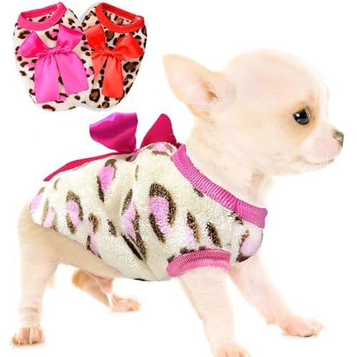 2 Pieces Dog Sweater for Small Dogs XXS Dog Clothes Chihuahua Puppy Sweaters Leopard Teacup Chihuahua Yorkie Puppy Clothes XXS Pet Sweater (Pink+RED, XX-Small)