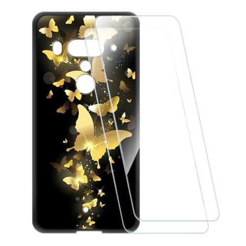 ESCAMOT Funda Estampada + 2 Protectores de Pantalla Vidrio Templado Compatible con HTC Exodus 1, Carcasa Suave Antigolpes y Película HD (Mariposa Dorada)