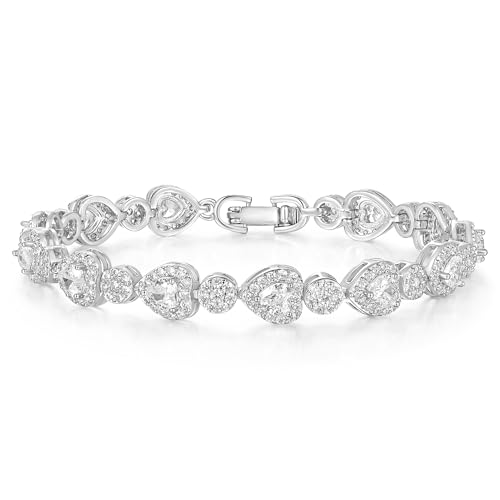 Gemsme Classic Heart-shaped Tennis Bracelets for Women 18K White Gold Plated Round Cubic Zirconia Tennis Bracelet for Women Mom Wife Belt Buckle