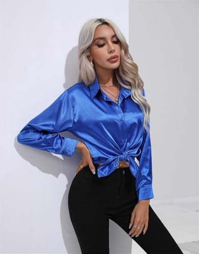Women's Long-Sleeved Button Silk Shirts Casual Business Work Party Satin Silky Shirt Tops4
