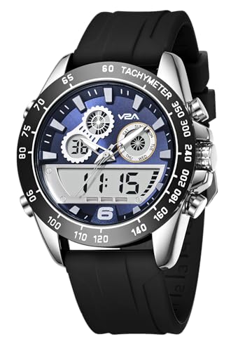 Image of V2A Men's Multifunction Analog-Digital Sports Watch - Dual Display, Quartz Movement, Zinc Alloy Case, Stopwatch, Alarm, 30M Water Resistant, Silicone Strap, Tachymeter Bezel