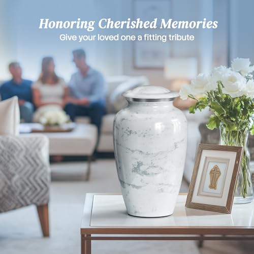 Image of Large Handcrafted Urn for Ashes Adult Male and Female - Cremation Urns for Human Ashes Adult Man and Woman - Decorative Funeral Urns - Memorial Urn with White Marble Finish - Large (10.5 inch H x 6.25 inch W)