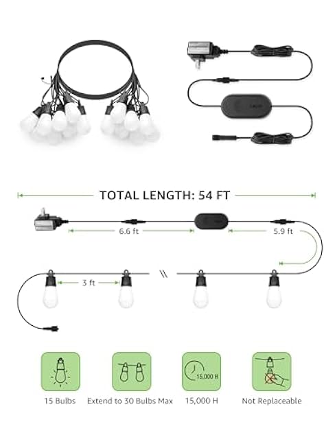 Lepro ZB1 AI Smart Outdoor String Lights APP Control, 54(42+12) ft RGB+IC+Warm White Outdoor Lights 15 LED Bulbs, Alexa Google Enabled, AI Generated Lighting LLM, NO Remote, 2.4 GHz WiFi+Bluetooth