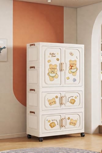 Image of Portable Collapsible Wardrobe for Kids Plastic Storage - Cloth Organizer Cupboard /Multipurpose Storage /Closet for Bedroom /Living Room /Easy to Assemble Room & Home (Butter Bear-3)