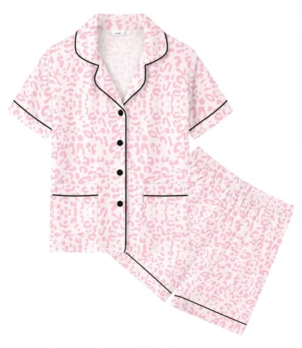 SWOMOG Girls Pajamas Set Kids Button-Down PJs 2 Pcs Soft Lounge Sets Summer Short Sleeve Sleepwear
