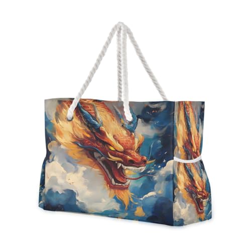 Large Beach Bags Totes Canvas Tote Shoulder Bag Cloud Dragon Water Resistant Bags for Gym Travel Daily