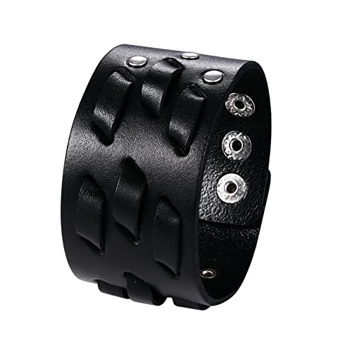 JewelryWe Bracelet de Force Homme Cuir, Manchette Punk Gothique, Large avec Rivet et Bouton, Noir