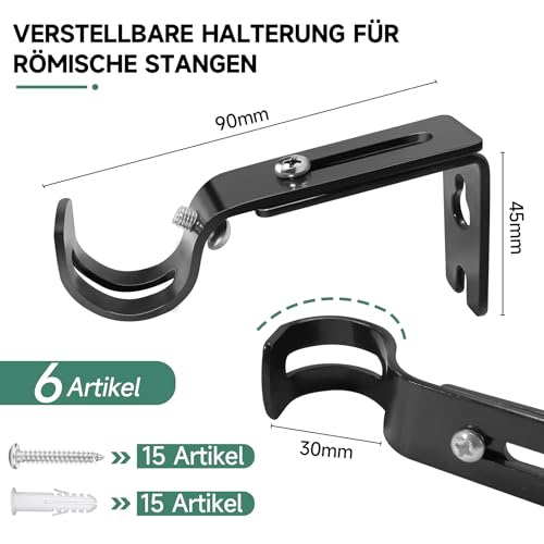 6 Stück Gardinenstange Halterung Metall Verstellbare Gardinenstangenhalterung für Wandmontage, Schwarze Vorhangstangen Halterungen mit Schrauben, für Gardinenstangen 25mm für Wohnzimmer & Büro