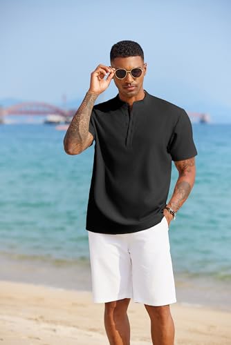 COOFANDY Men's Short Sleeve Henley Shirts Casual Collarless Shirt Band Collar Henley Summer Beach Henley T-Shirt2