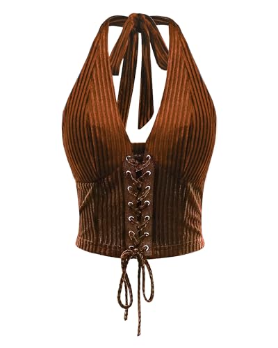Feiersi Womens Western Cowgirl Tanks Corset Halter Tops Backless Night Out Wear(Dark Brown Large)
