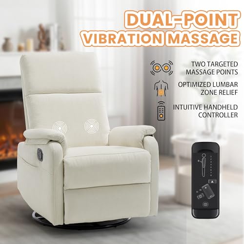 Image of Korser Swivel Rocking Recliner with Massage, Small Glider Chair for Nursery, Modern-Designed Armrests Chair for Adults Living Room, Chenille, Beige