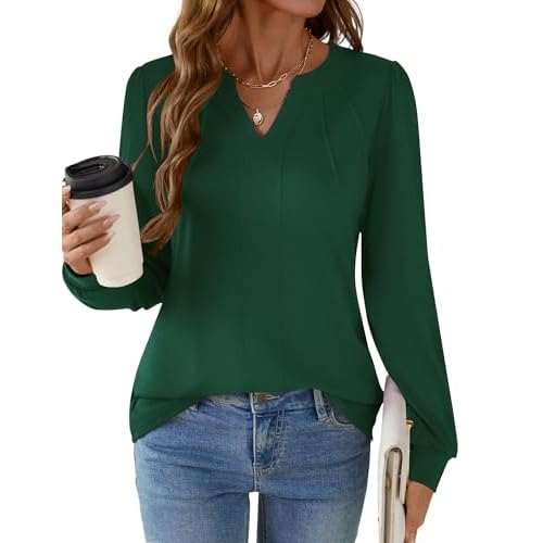 AKEWEI Womens Long Sleeve V Neck Shirts Pleated Business Casual Blouses Fall Loose Tunic Tops