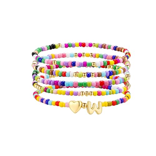 Image of M MOOHAM Gifts for Girls Kids - 5PCS Colorful Beaded Initial Bracelets for Girls, Cute Stretch Heart Letter Bracelet Initial Bracelet Jewelry for Kids Birthday Gifts for Girl