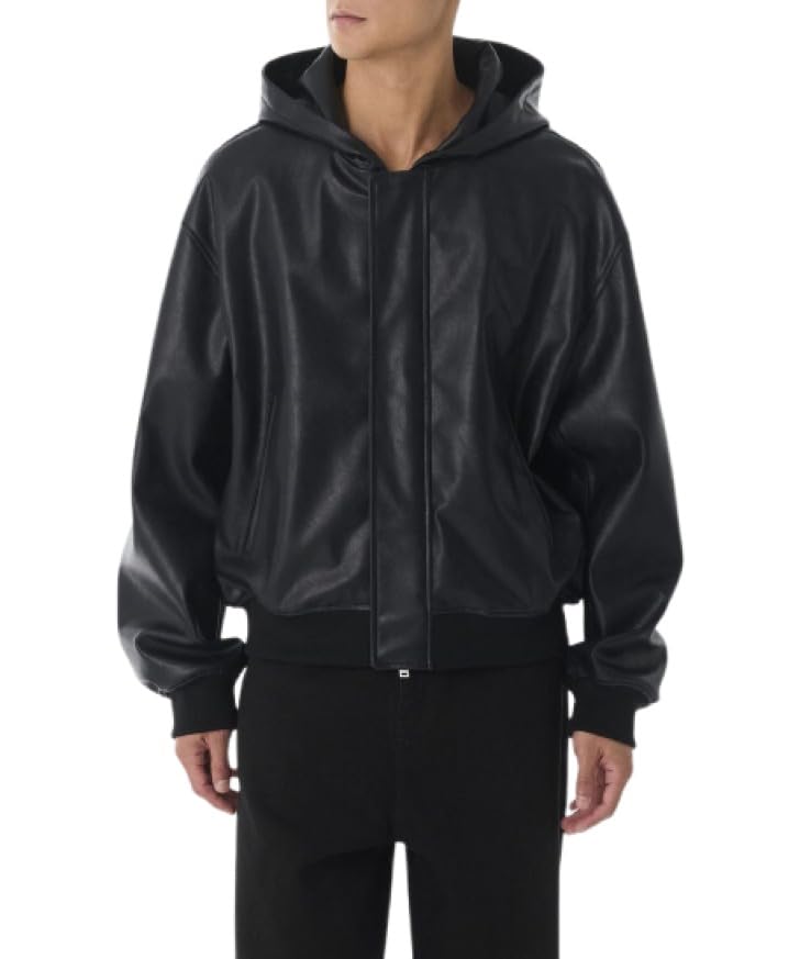 styleverse-stay in style Men’s Black Faux Leather Hoodie Jacket with Zip-Up, Ribbed Cuffs & Hem for Casual Street Style Riding Travel Evening Look-picture-20