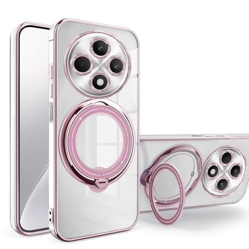 JIAFEI Funda para Xiaomi Redmi 14C / Poco C75, Transparente Magnética Carga Inalámbrica Carcasa con 360° Giratorio Soporte, Protector de Lente de Cámara Cubierta, Rosa