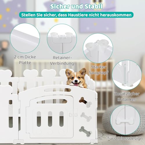 MAMIZO Welpenauslauf 60cm, Laufstall Hund 5+1 PCS Platten, Plastik Welpenlaufstall, Faltbare Hundegitter, Hundezaun mit Tor,Inkl. Saugnäpfe & Erdanker, Hundekäfig für Zuhause und Outdoor, Weiß