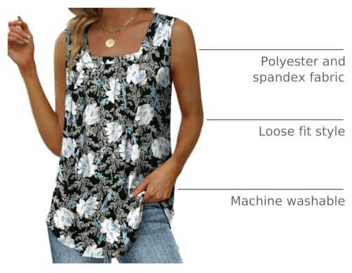 Image of Saloogoe Summer Tank Tops for Women Loose Fit Pleated Square Neck Sleeveless Tops Curved Hem Flowy