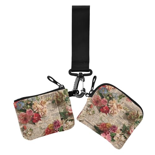 Old Newspaper Red Flowers Retro Women's Dual Wallets Business Card Cases Thin Flat Zipper Wristlet Wallet with Wristlet Strap for Woman 2 Packs