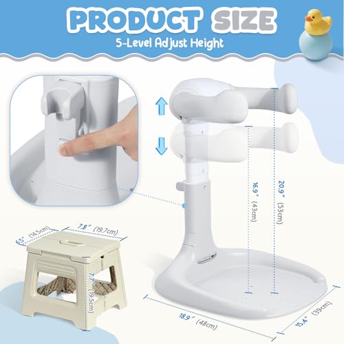 Image of Orzbow Baby Shower Stand, Collapsible Baby Bath Stand with Foldable Chair, Adjustable Height Toddler Shower Standing Support for Infant 6-36 Months, Anti-Slip Base, Easy-Use, Gray