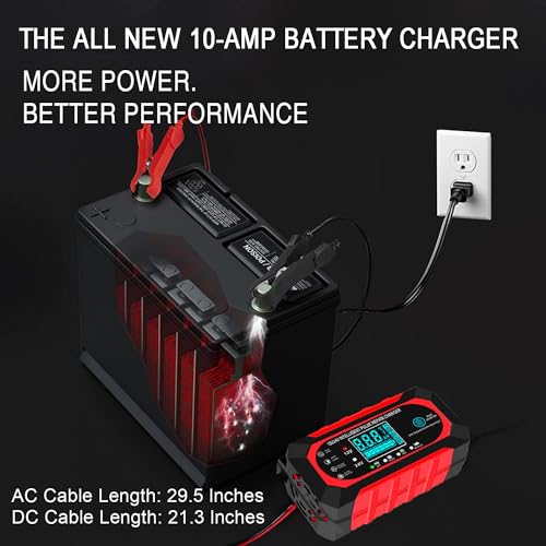 10Amp Car Battery Charger, 12V/24V Fully-Automatic Smart Battery Charger, Battery Maintainer Trickle Charger, and Battery Desulfator for Car Truck Motorcycle Lawn Mower Boat Lead Acid Batteries - Image 3