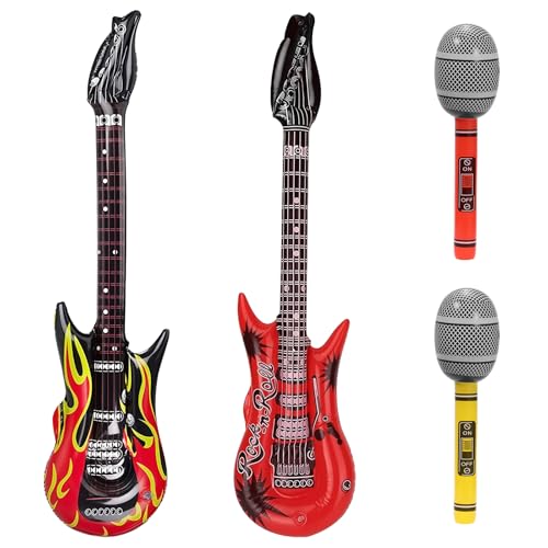 4 PCS Inflatable Guitar and Inflatable Microphone, Kids Rockstar Accessories, Blow Up Flame Guitar, for Adult and Children Concert Stage Punk Rock Instrument Party Prop Decoration