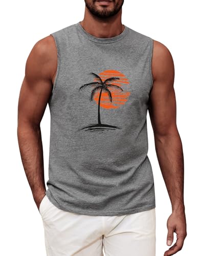 UMIPUBO Mens Top Vest Sleeveless T-Shirt Round Neck Printed Tank Top Summer Palm Tree Beach Holiday Male Casual Loose Lightweight Top(Grey B,XL)