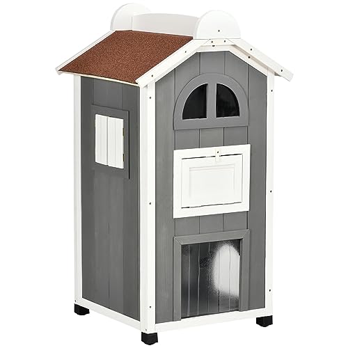 PawHut Caseta para Gatos de Madera 59x55x109 cm Casa para Gatos de 3 Niveles Refugio para Gatos con Techo Asfáltico Rojo Escalera y Plataformas para Exterior Gris